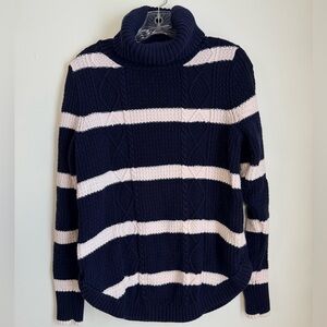GAP Navy and Cream Striped Turtleneck Sweater with Various Cable Knit Design